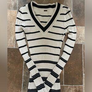 Poof! Cream & Black Striped V-Neck Ribbed Sweater